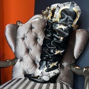 Black & White Snake-Print Knee-High Western Boots with Gold Accents